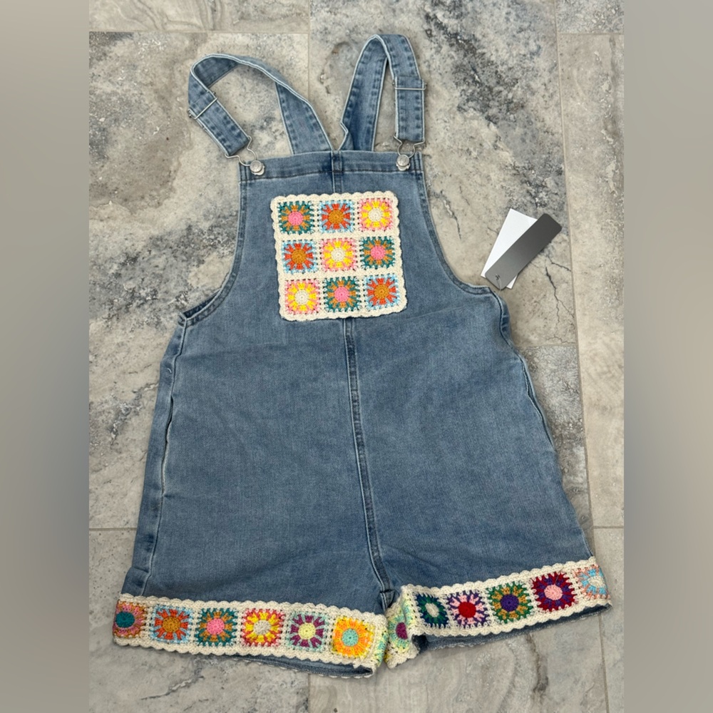 Tractr Denim Romper with Colorful Crochet Accents